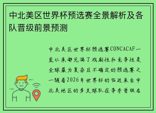 中北美区世界杯预选赛全景解析及各队晋级前景预测
