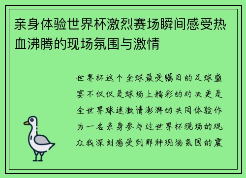 亲身体验世界杯激烈赛场瞬间感受热血沸腾的现场氛围与激情