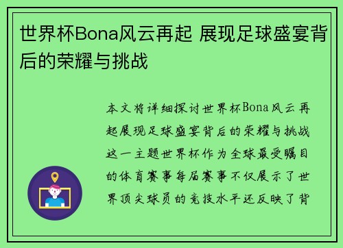 世界杯Bona风云再起 展现足球盛宴背后的荣耀与挑战