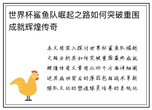 世界杯鲨鱼队崛起之路如何突破重围成就辉煌传奇