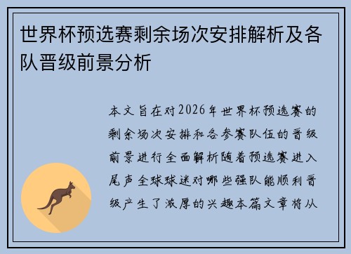 世界杯预选赛剩余场次安排解析及各队晋级前景分析