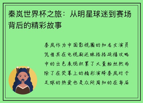 秦岚世界杯之旅：从明星球迷到赛场背后的精彩故事